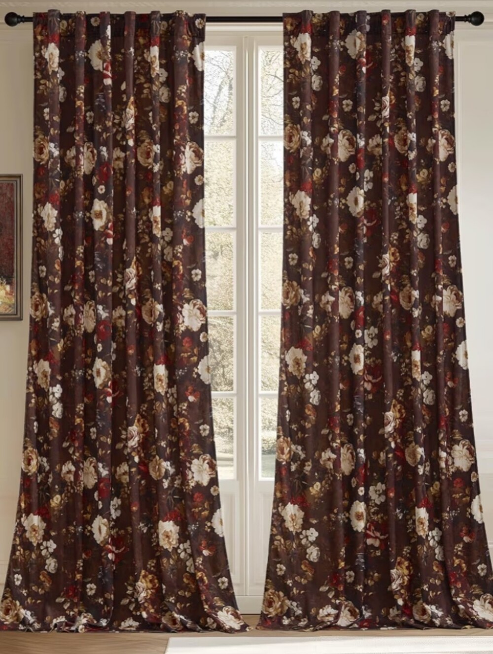 StangH NWT 2Panels 52"x96" Floral Velvet Romance Curtain Pair In Brown/Cream